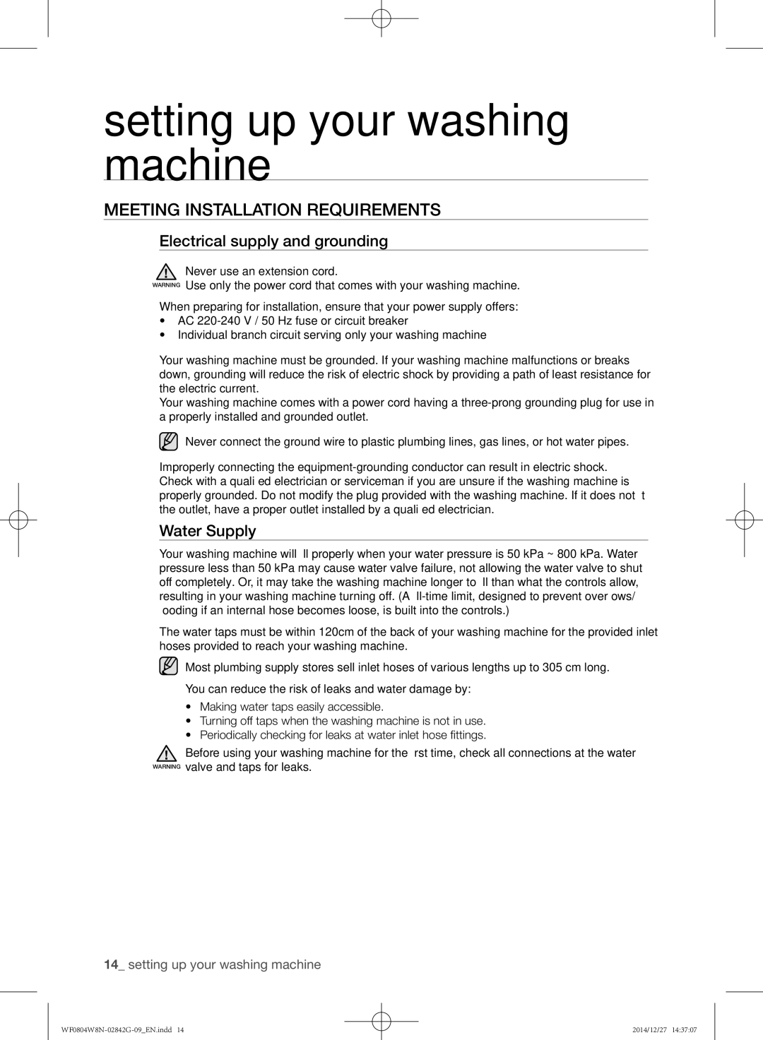 Samsung WF0804X8E/XEU, WF0804W8E1/YAH Meeting installation requirements, Electrical supply and grounding, Water Supply 