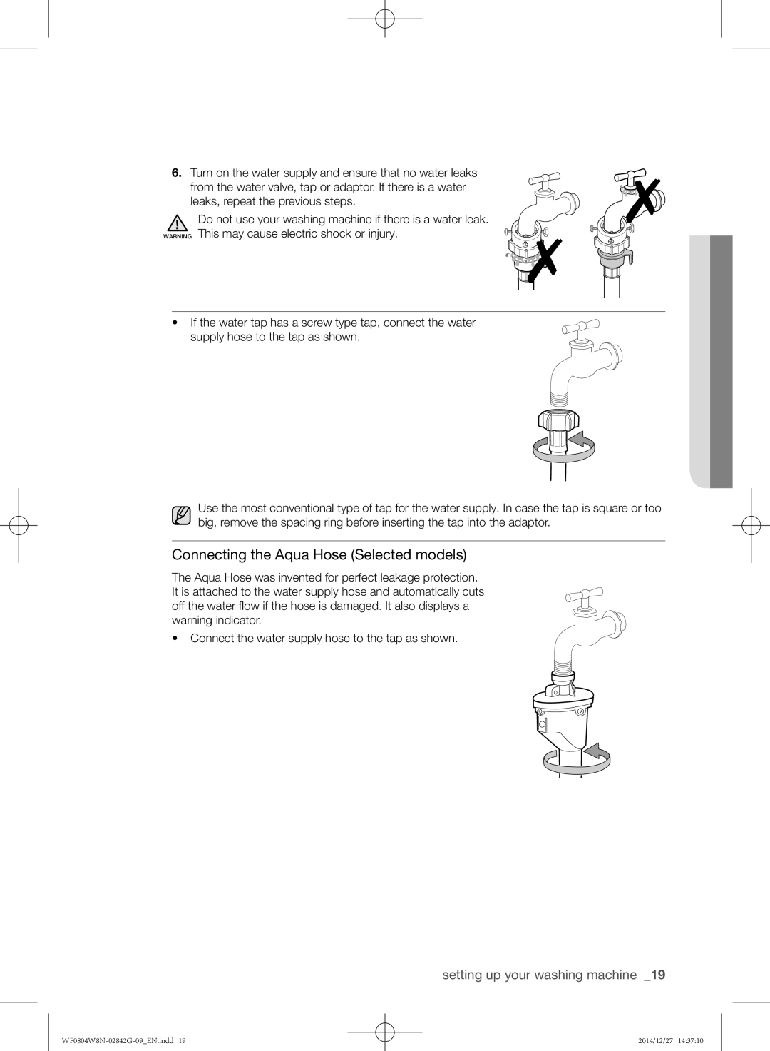 Samsung WF0804W8E1/XEU, WF0804W8E1/YAH, WF0804X8E/XEU manual Connecting the Aqua Hose Selected models 