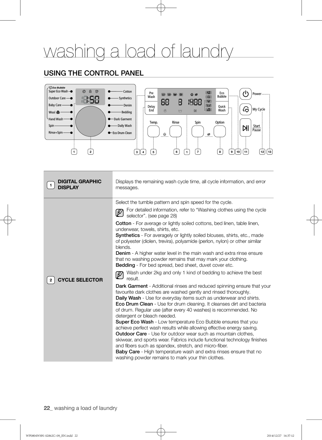 Samsung WF0804W8E1/XEU, WF0804W8E1/YAH, WF0804X8E/XEU manual Using the control panel, Display 