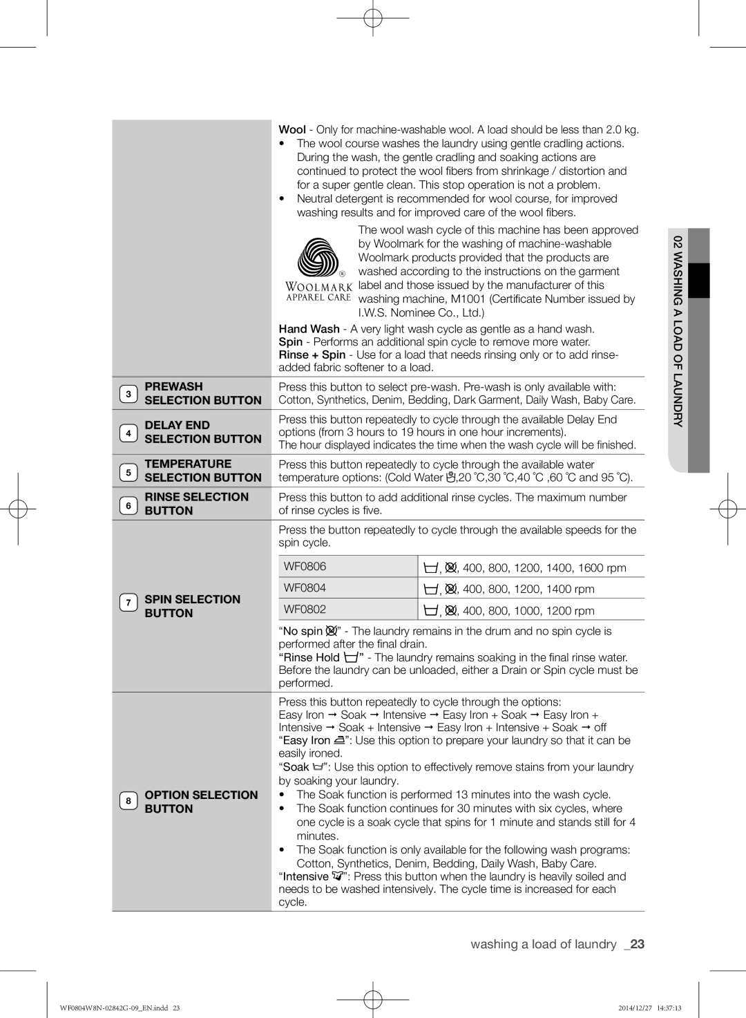 Samsung WF0804X8E/XEU By Woolmark for the washing of machine-washable, Woolmark products provided that the products are 