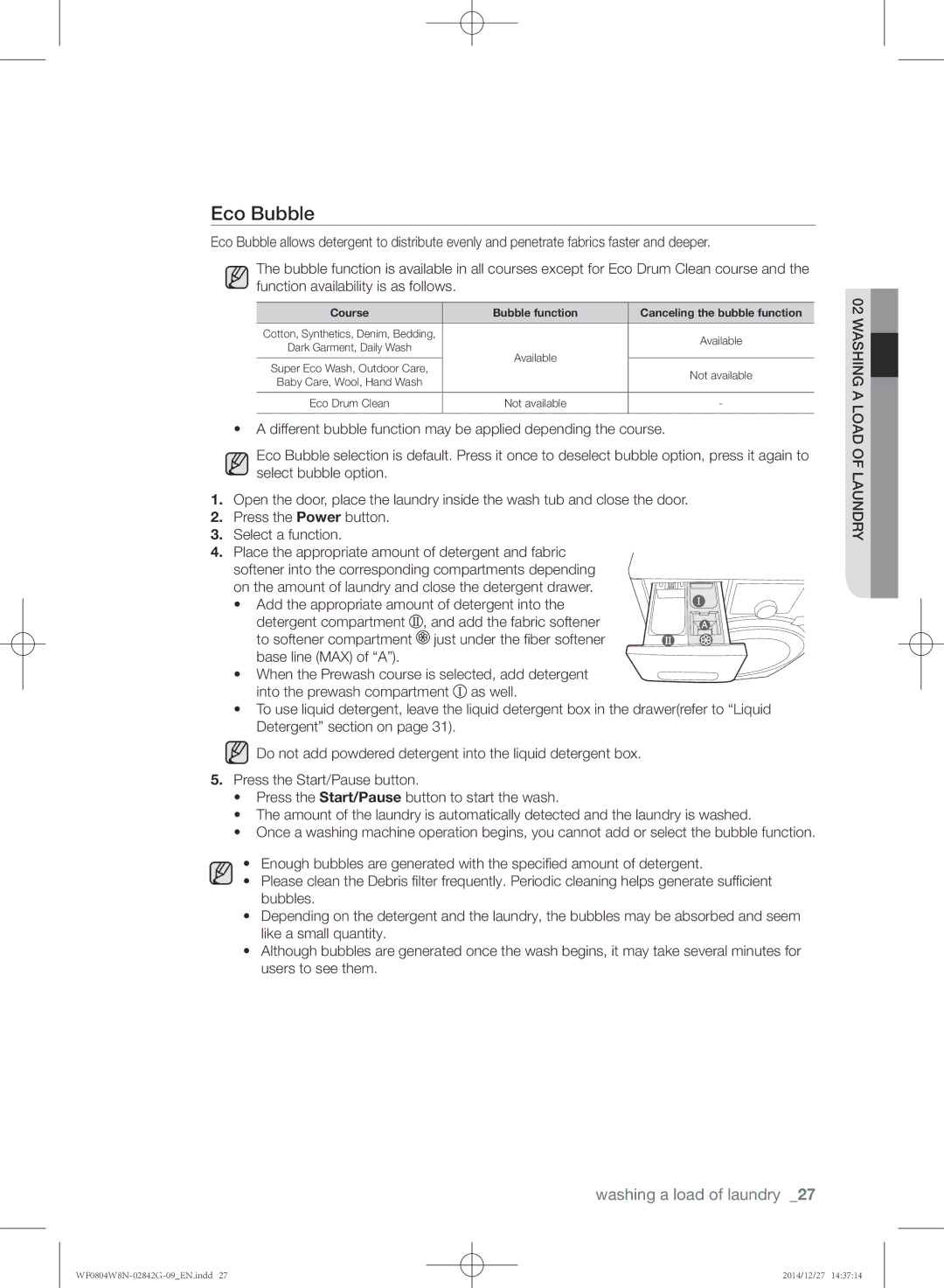 Samsung WF0804W8E1/YAH, WF0804W8E1/XEU, WF0804X8E/XEU manual Eco Bubble, Course Bubble function Canceling the bubble function 