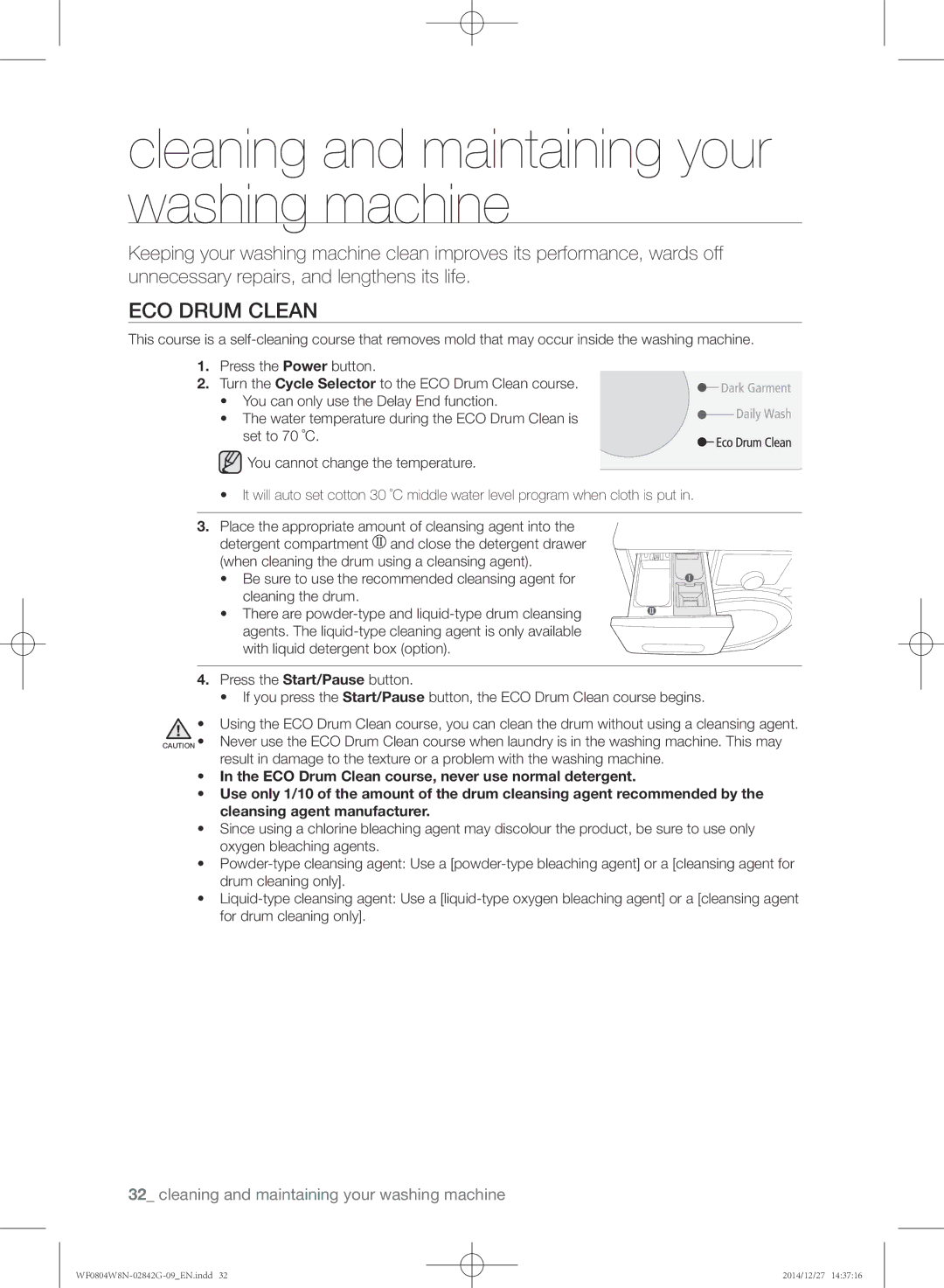 Samsung WF0804X8E/XEU, WF0804W8E1/YAH, WF0804W8E1/XEU manual Cleaning and maintaining your washing machine, Eco Drum Clean 