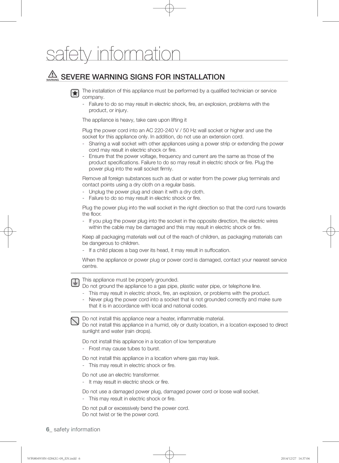 Samsung WF0804W8E1/YAH, WF0804W8E1/XEU, WF0804X8E/XEU manual Safety information 