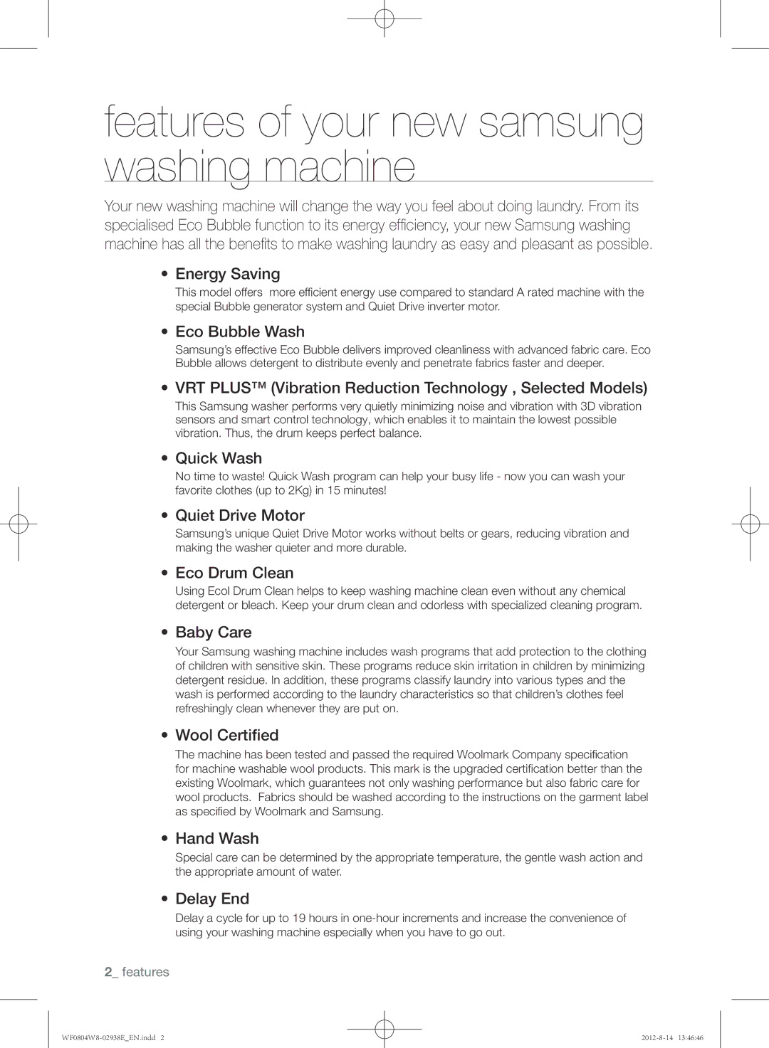 Samsung WF0804W8N/YLO manual Features of your new samsung washing machine 