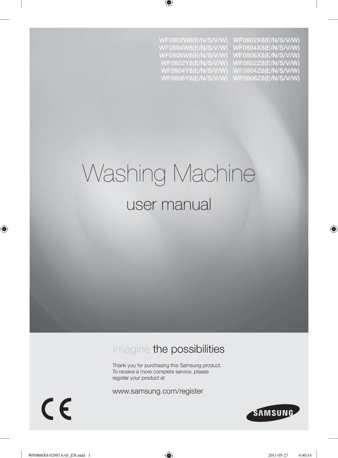 Samsung WF3704YSW2/XEG, WF3714YSW2/XEG, WF1804WPC2/XEF manual Washing Machine, This manual is made with 100% recycled paper 