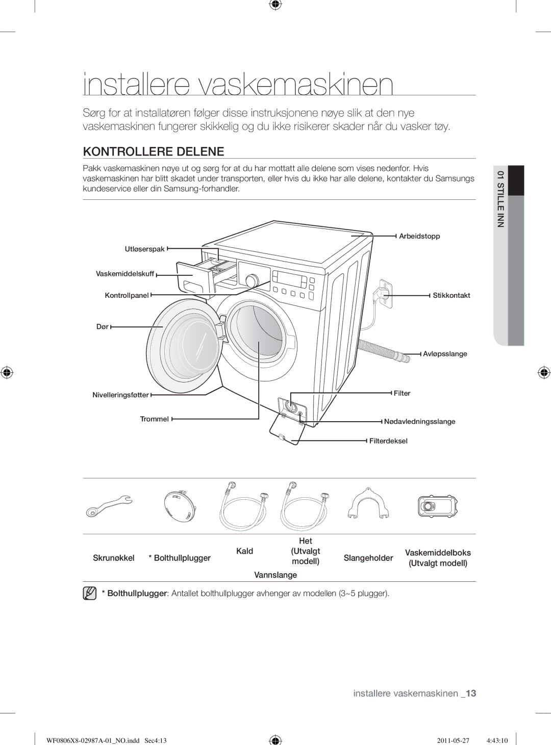 Samsung WF1704WSV2/XEE, WF0804Y8E1/XEE, WF0804Y8E/XEE manual Installere vaskemaskinen, Kontrollere Delene, Stille INN 