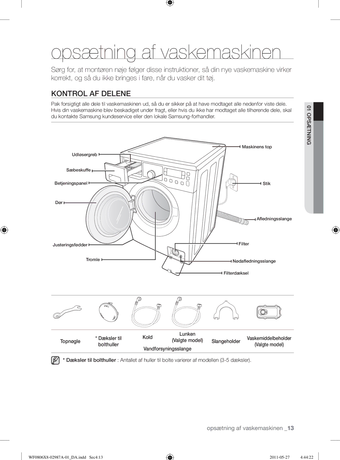 Samsung WF1704WSV2/XEE, WF0804Y8E1/XEE, WF0804Y8E/XEE manual Opsætning af vaskemaskinen, Kontrol AF Delene, Kold, Topnøgle 