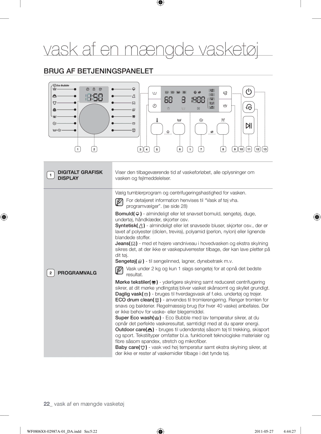 Samsung WF0804Y8E/XEE, WF0804Y8E1/XEE, WF1704WSV2/XEE Brug AF Betjeningspanelet, Vasken og fejlmeddelelser, Programvalg 