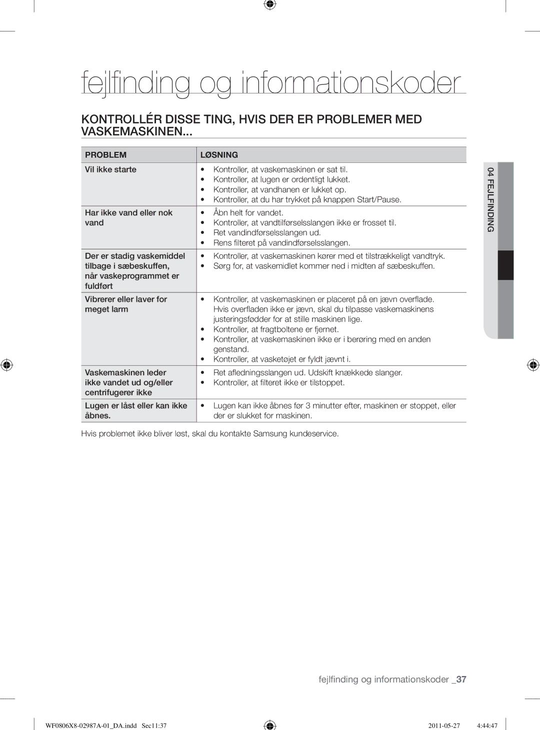 Samsung WF1704WSV2/XEE, WF0804Y8E1/XEE, WF0804Y8E/XEE, WF0804Y8E2/YLV manual Fejlﬁ nding og informationskoder, Fejlfinding 