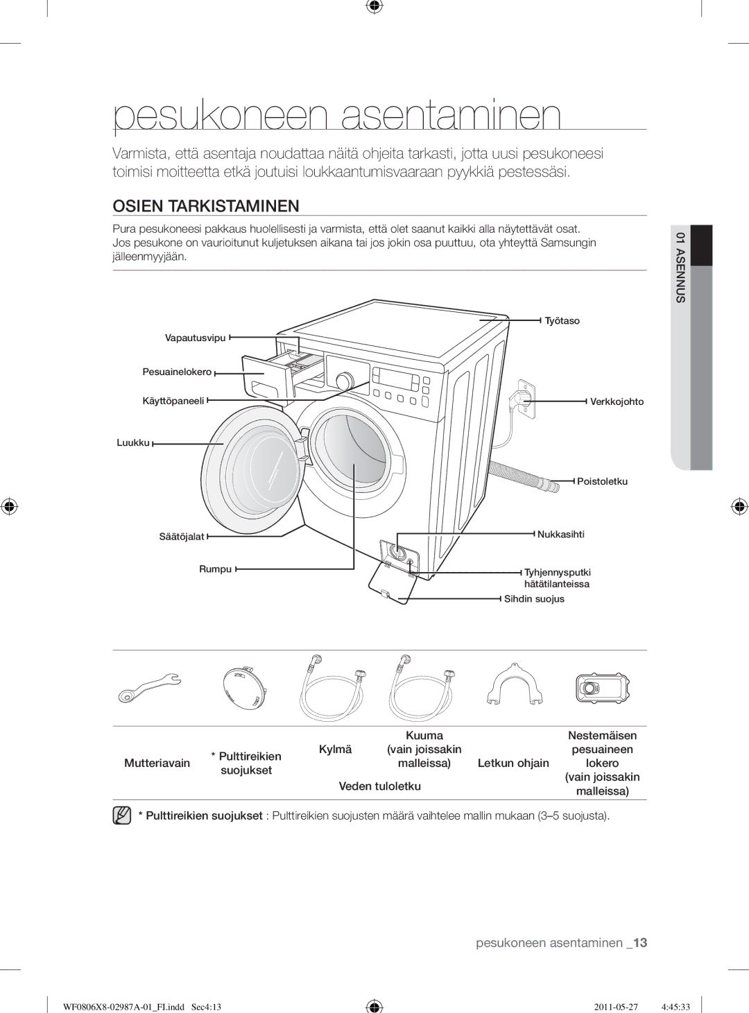 Samsung WF1704WSV2/XEE, WF0804Y8E1/XEE, WF0804Y8E/XEE Pesukoneen asentaminen, Osien Tarkistaminen, Asennus, Nestemäisen 