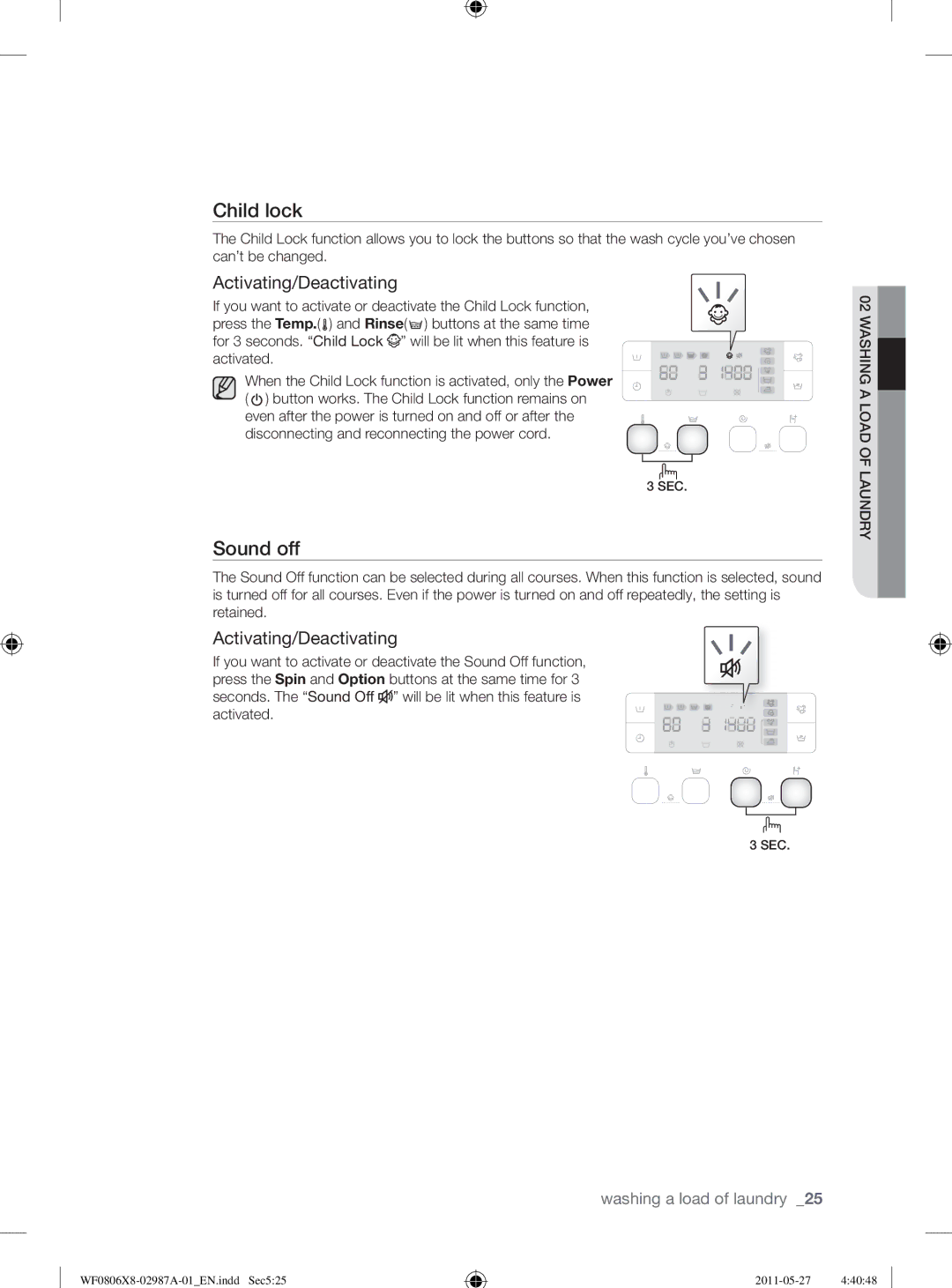 Samsung WF1704WSV2/XEE, WF0804Y8E1/XEE, WF0804Y8E/XEE, WF0804Y8E2/YLV manual Sound off, Activating/Deactivating 