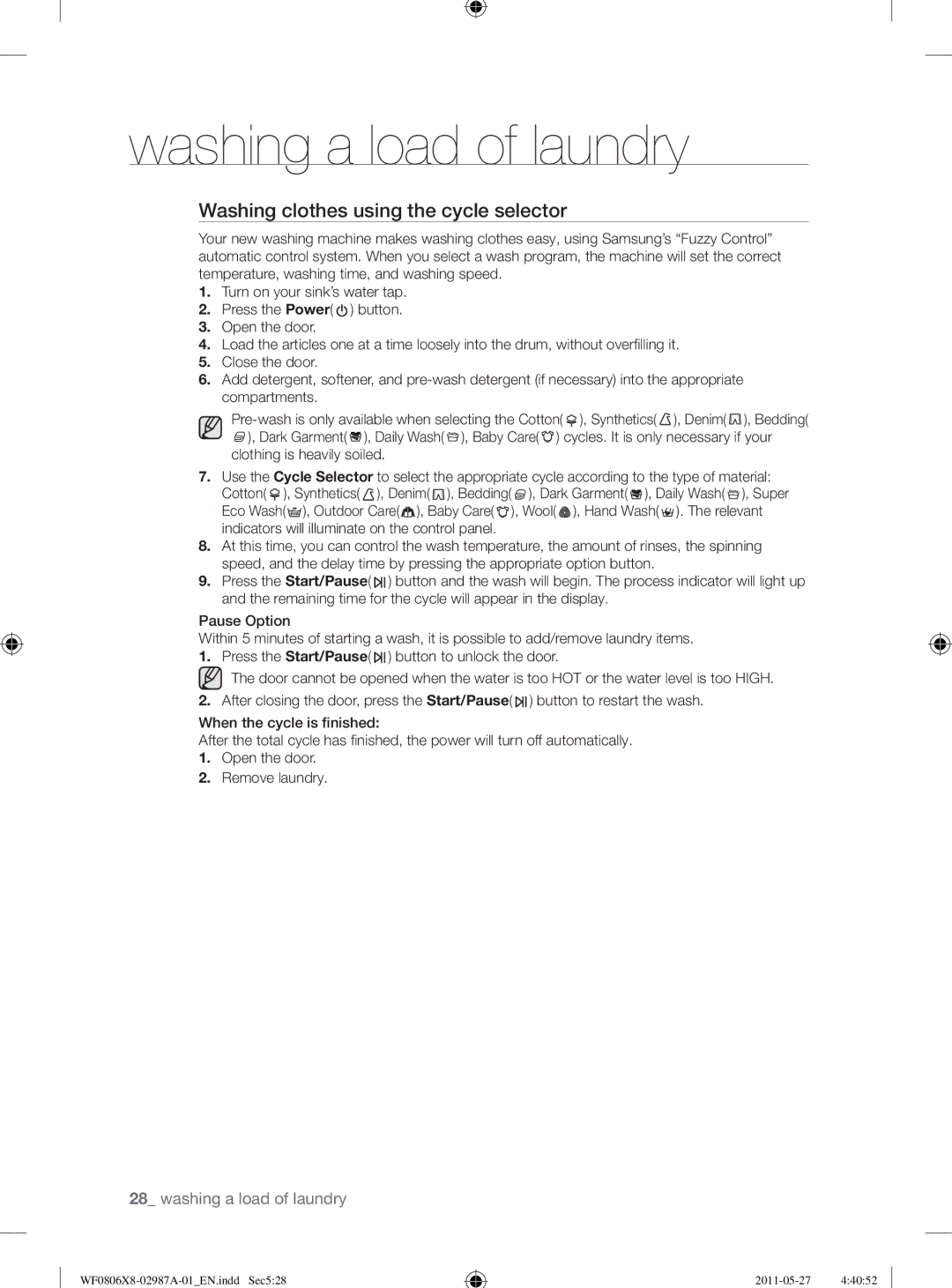 Samsung WF0804Y8E1/XEE, WF1704WSV2/XEE, WF0804Y8E/XEE, WF0804Y8E2/YLV manual Washing clothes using the cycle selector 