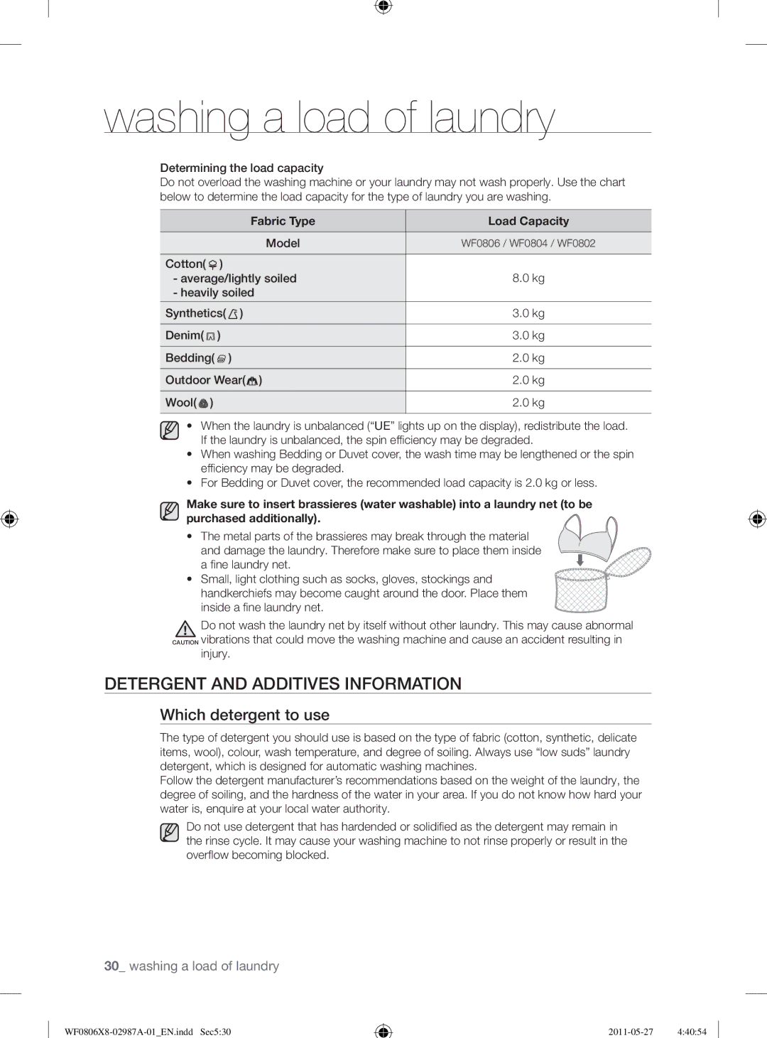 Samsung WF0804Y8E/XEE Detergent and Additives Information, Which detergent to use, Determining the load capacity, Injury 