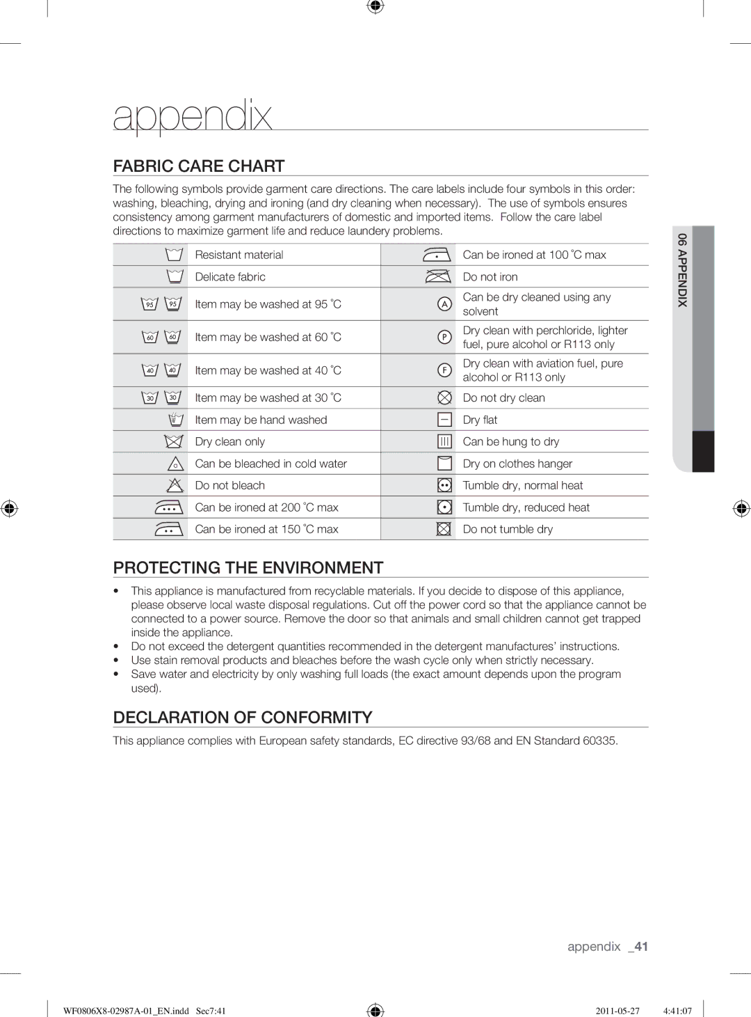 Samsung WF1704WSV2/XEE, WF0804Y8E1/XEE Appendix, Fabric Care Chart, Protecting the Environment, Declaration of Conformity 