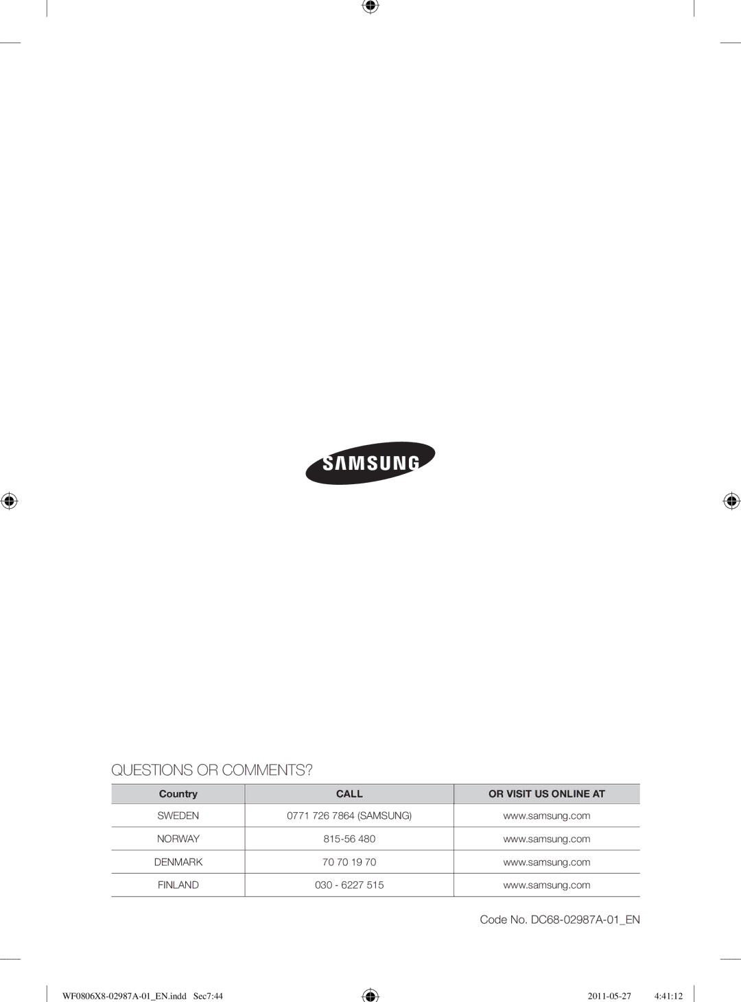 Samsung WF0804Y8E1/XEE, WF1704WSV2/XEE, WF0804Y8E/XEE, WF0804Y8E2/YLV manual Questions or COMMENTS?, Code No. DC68-02987A-01EN 