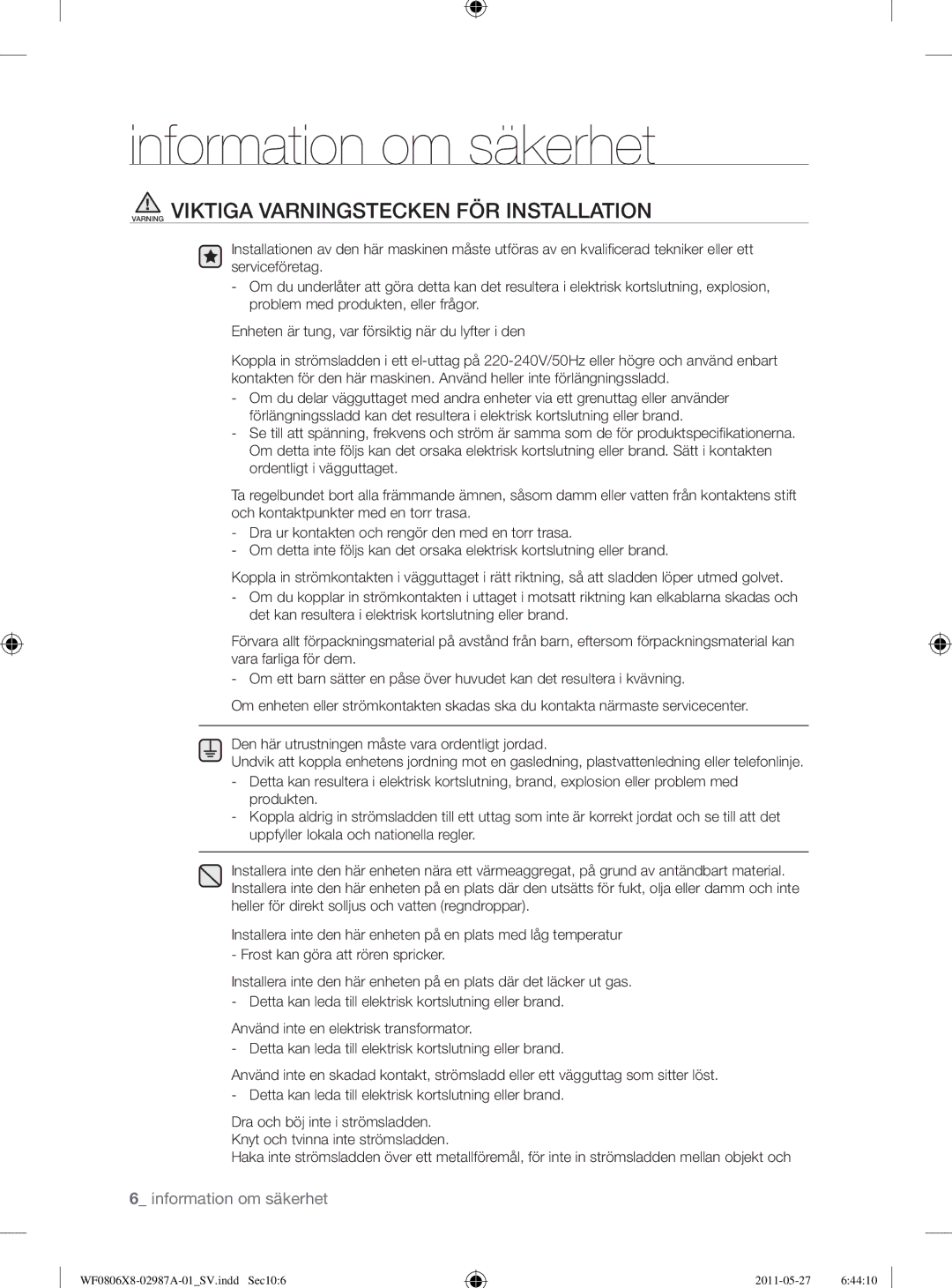 Samsung WF0804Y8E/XEE, WF0804Y8E1/XEE, WF1704WSV2/XEE, WF0804Y8E2/YLV manual Varning Viktiga Varningstecken FÖR Installation 