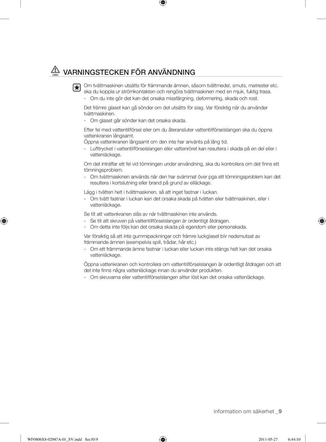 Samsung WF1704WSV2/XEE, WF0804Y8E1/XEE, WF0804Y8E/XEE, WF0804Y8E2/YLV manual OBS! Varningstecken FÖR Användning 