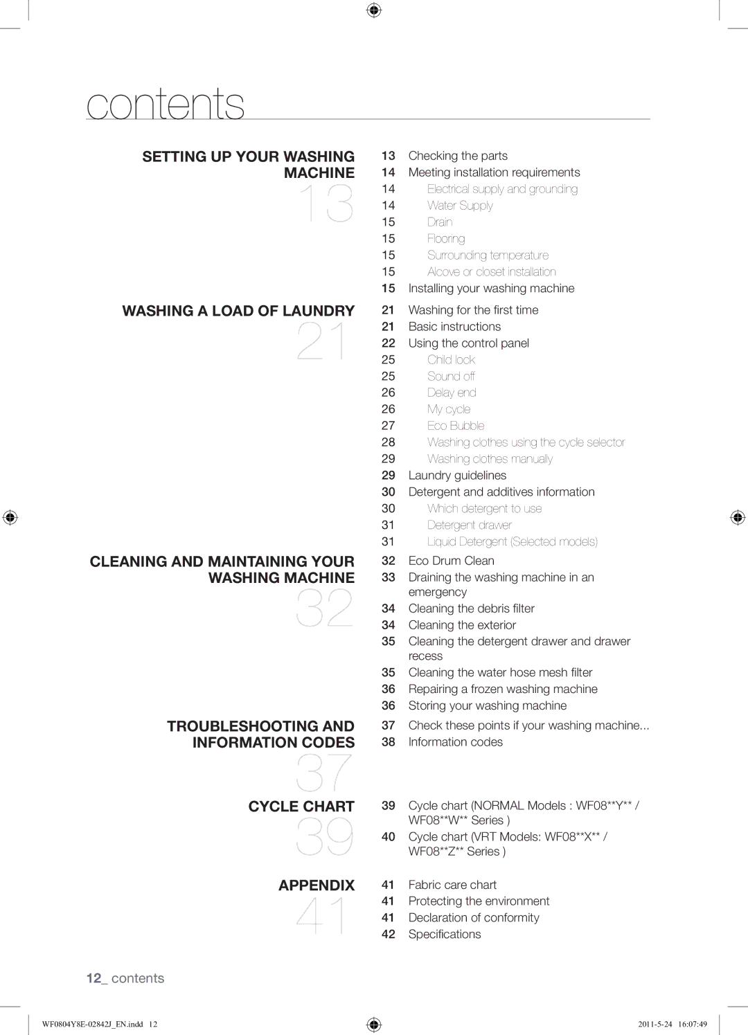 Samsung WF0804Y8E1/YKJ manual Contents 