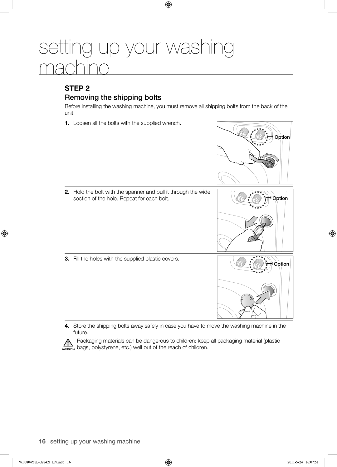 Samsung WF0804Y8E1/YKJ manual Removing the shipping bolts 