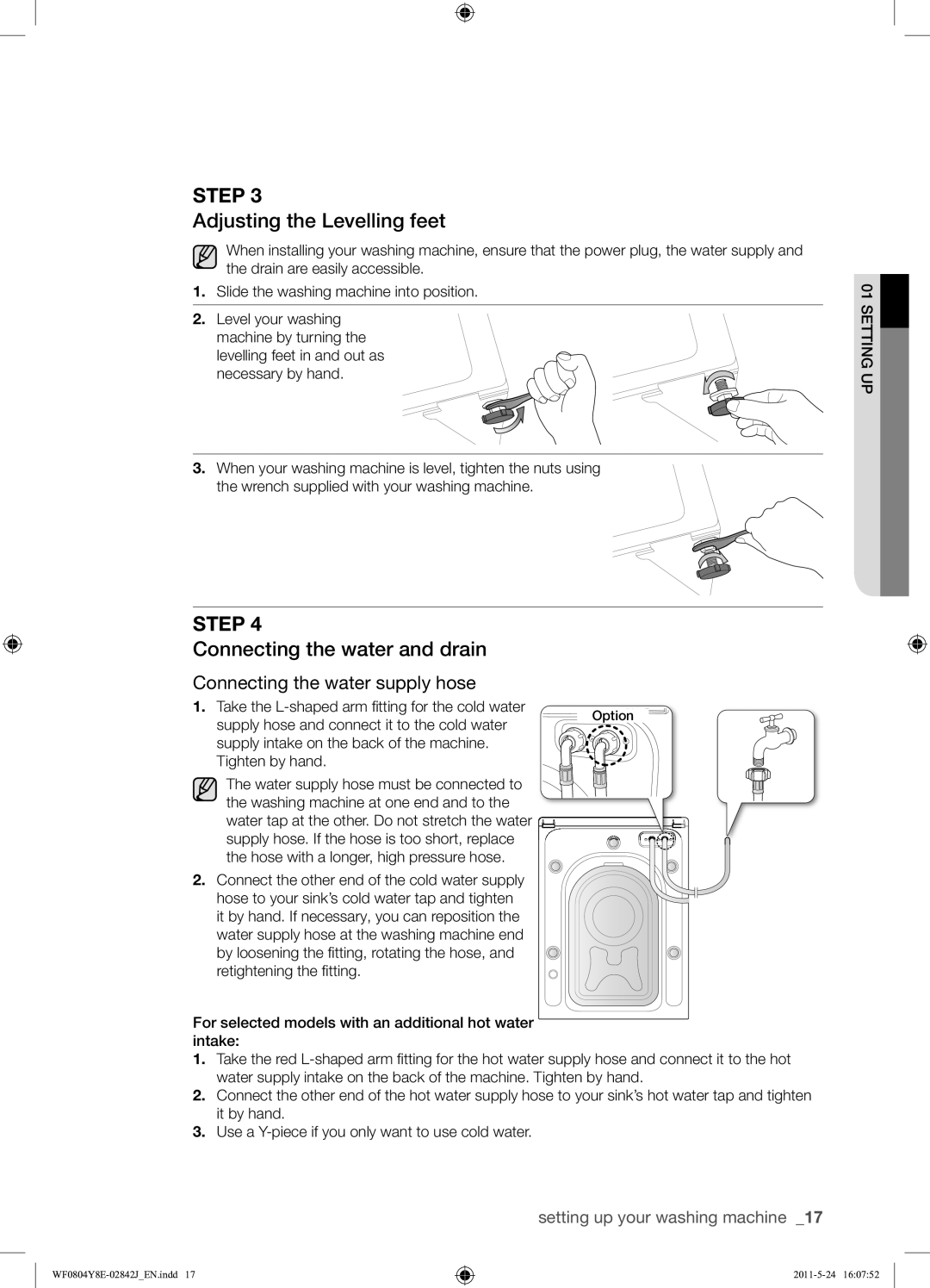 Samsung WF0804Y8E1/YKJ manual Adjusting the Levelling feet, Connecting the water and drain 