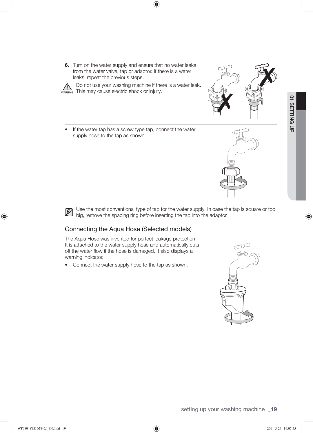 Samsung WF0804Y8E1/YKJ manual Connecting the Aqua Hose Selected models 