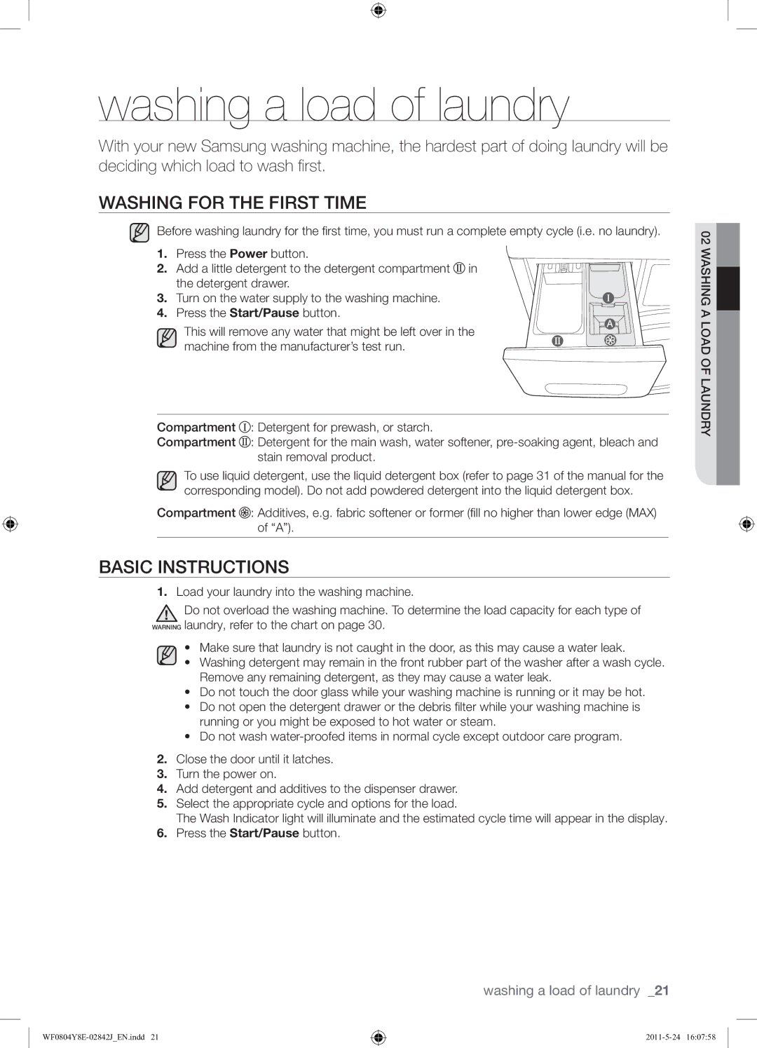 Samsung WF0804Y8E1/YKJ manual Washing for the First Time, Basic Instructions 