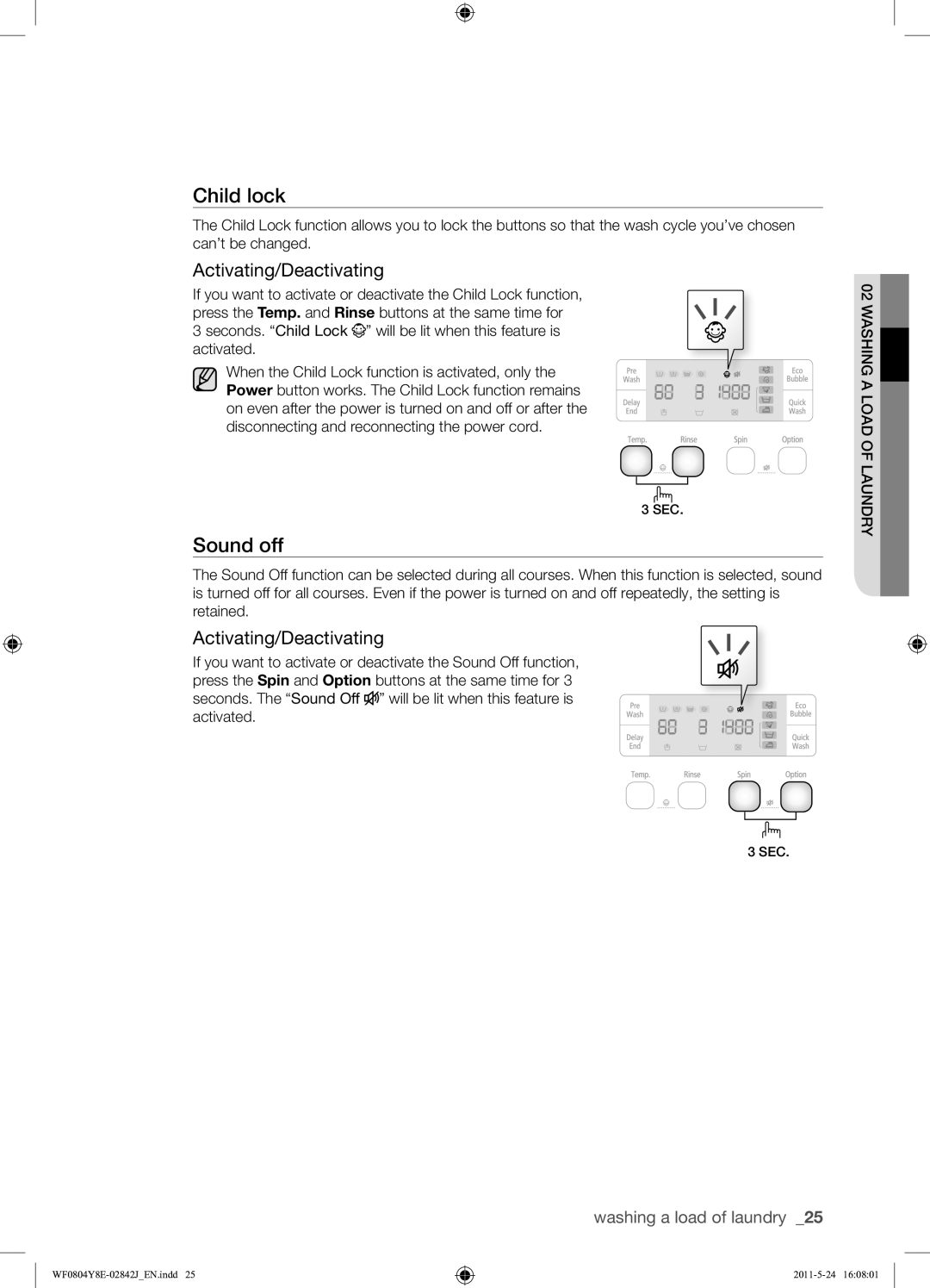 Samsung WF0804Y8E1/YKJ manual Sound off, Activating/Deactivating 