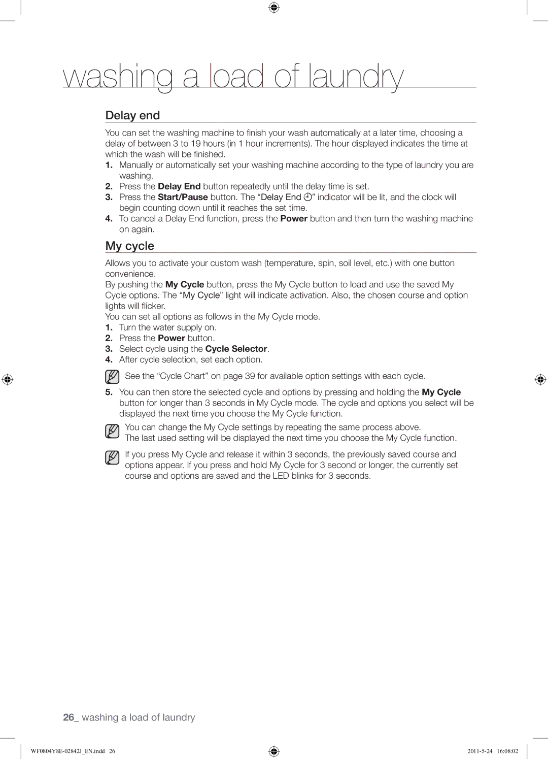 Samsung WF0804Y8E1/YKJ manual Delay end, My cycle 