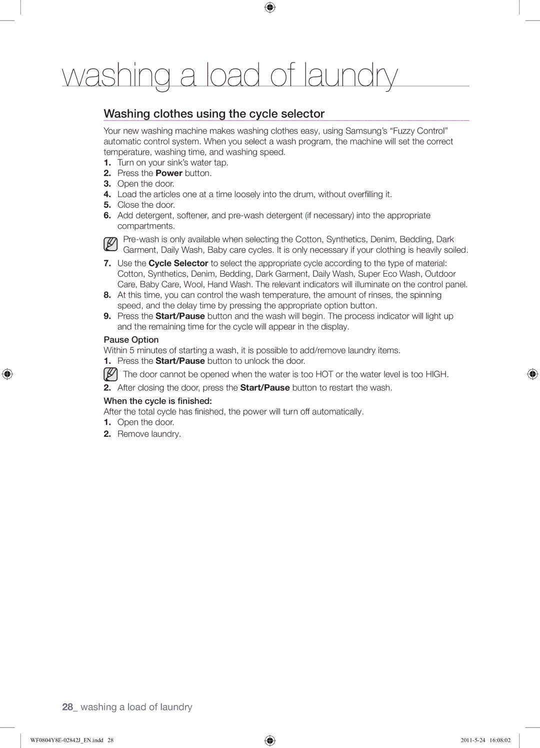 Samsung WF0804Y8E1/YKJ manual Washing clothes using the cycle selector 