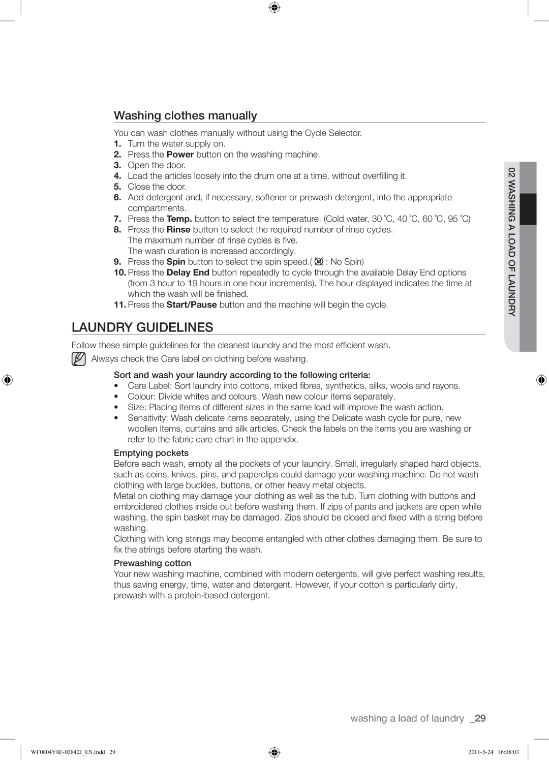 Samsung WF0804Y8E1/YKJ Laundry Guidelines, Washing clothes manually 