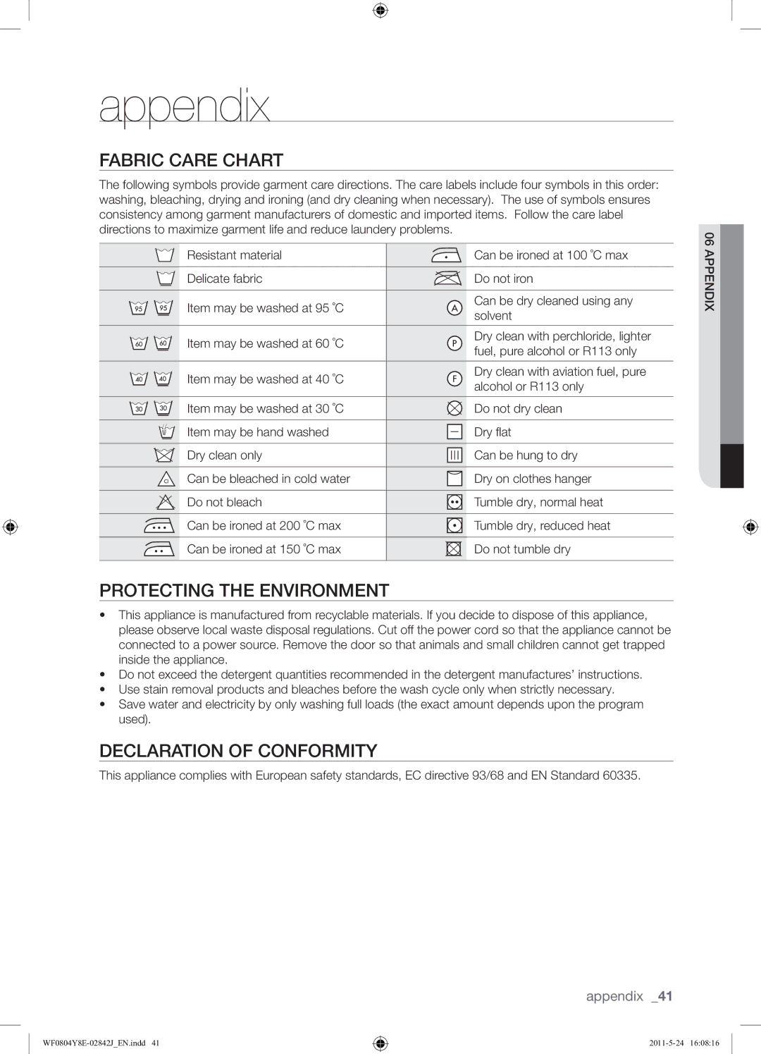 Samsung WF0804Y8E1/YKJ manual Fabric Care Chart, Protecting the Environment, Declaration of Conformity 