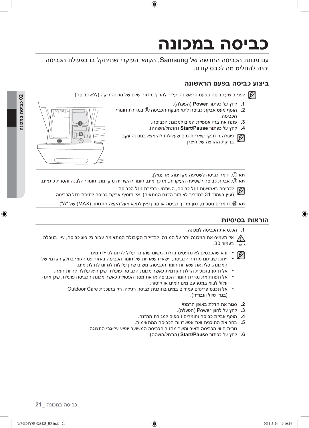 Samsung WF0804Y8E1/YKJ manual הנוכמב הסיבכ, הנושארה םעפב הסיבכ עוציב, תויסיסב תוארוה 