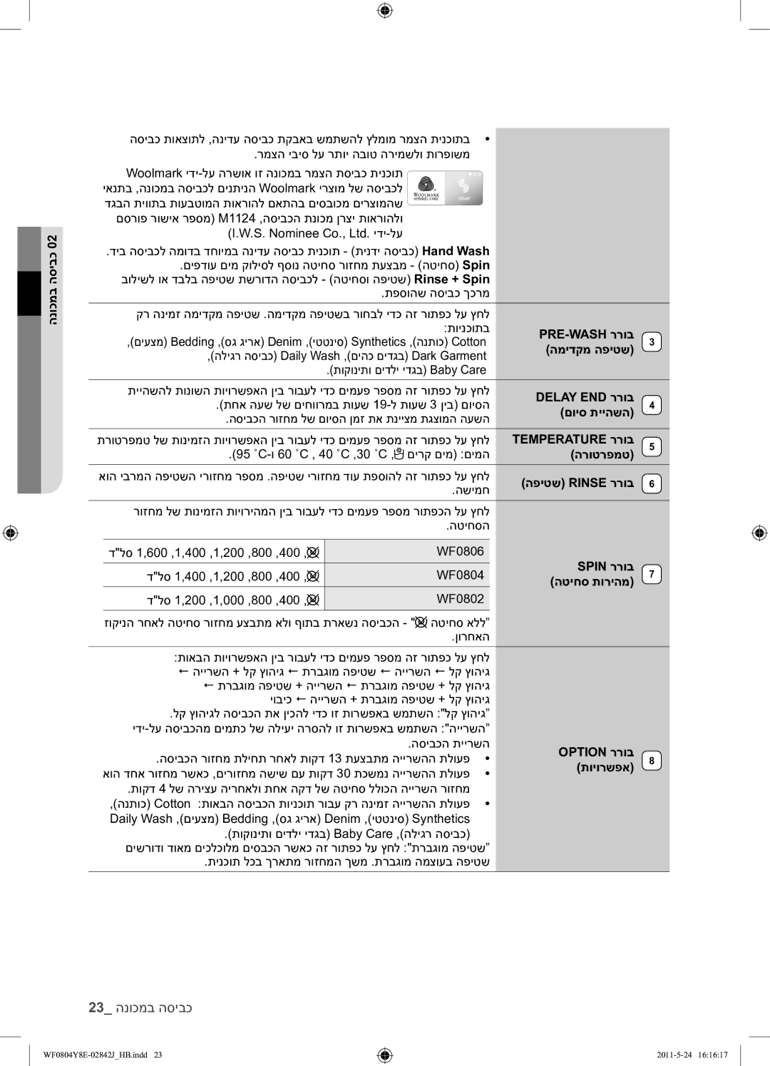 Samsung WF0804Y8E1/YKJ Pre-Wash ררוב, המידקמ הפיטש, Delay END ררוב, םויס תייהשה, Temperature ררוב, הרוטרפמט, Spin ררוב 