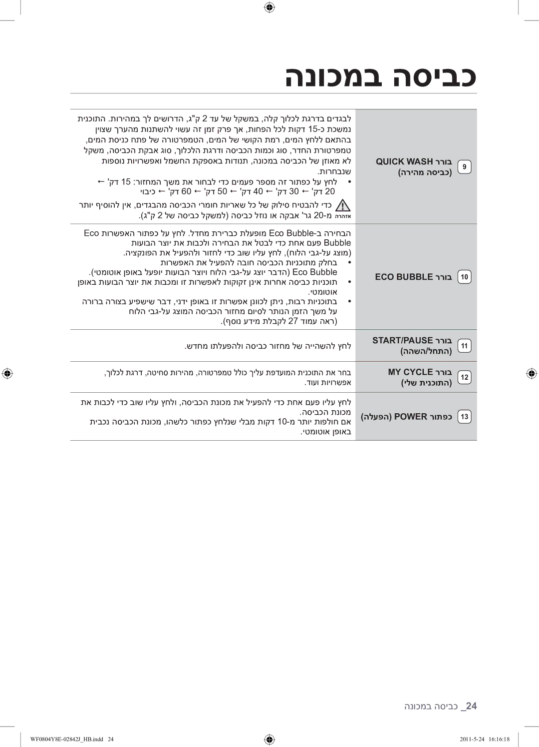 Samsung WF0804Y8E1/YKJ manual Quick Wash ררוב, הריהמ הסיבכ, ECO Bubble ררוב, Start/Pause ררוב ההשה/לחתה, MY Cycle ררוב 