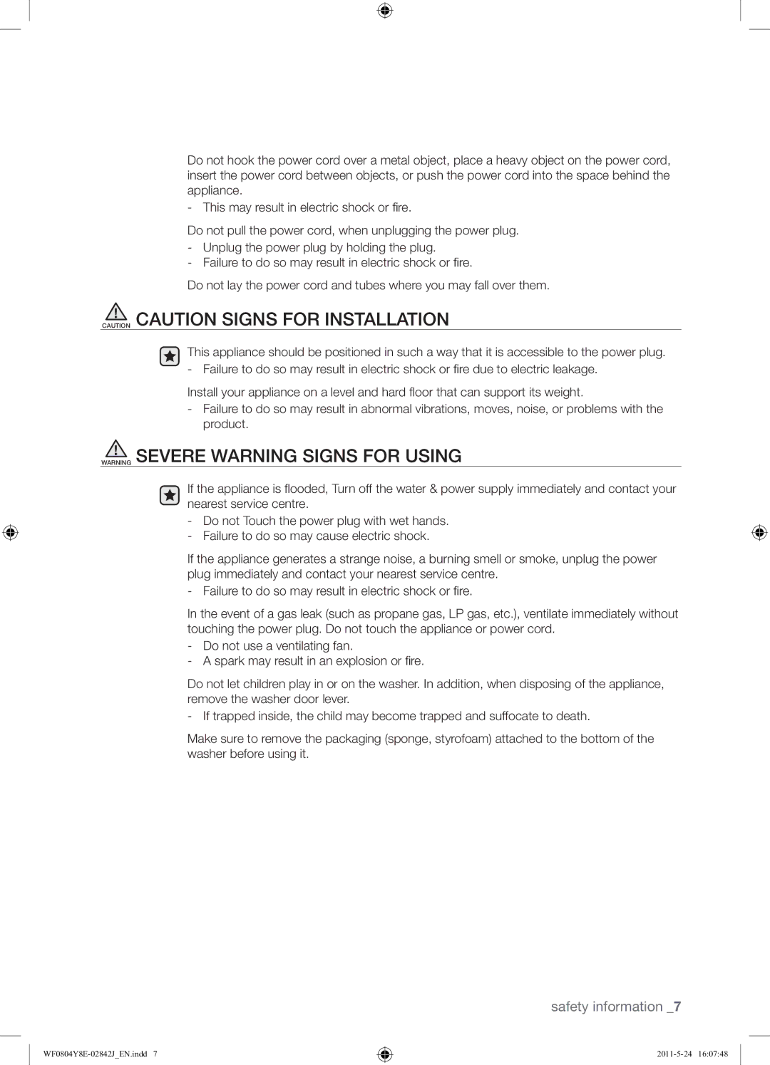 Samsung WF0804Y8E1/YKJ manual Safety information 