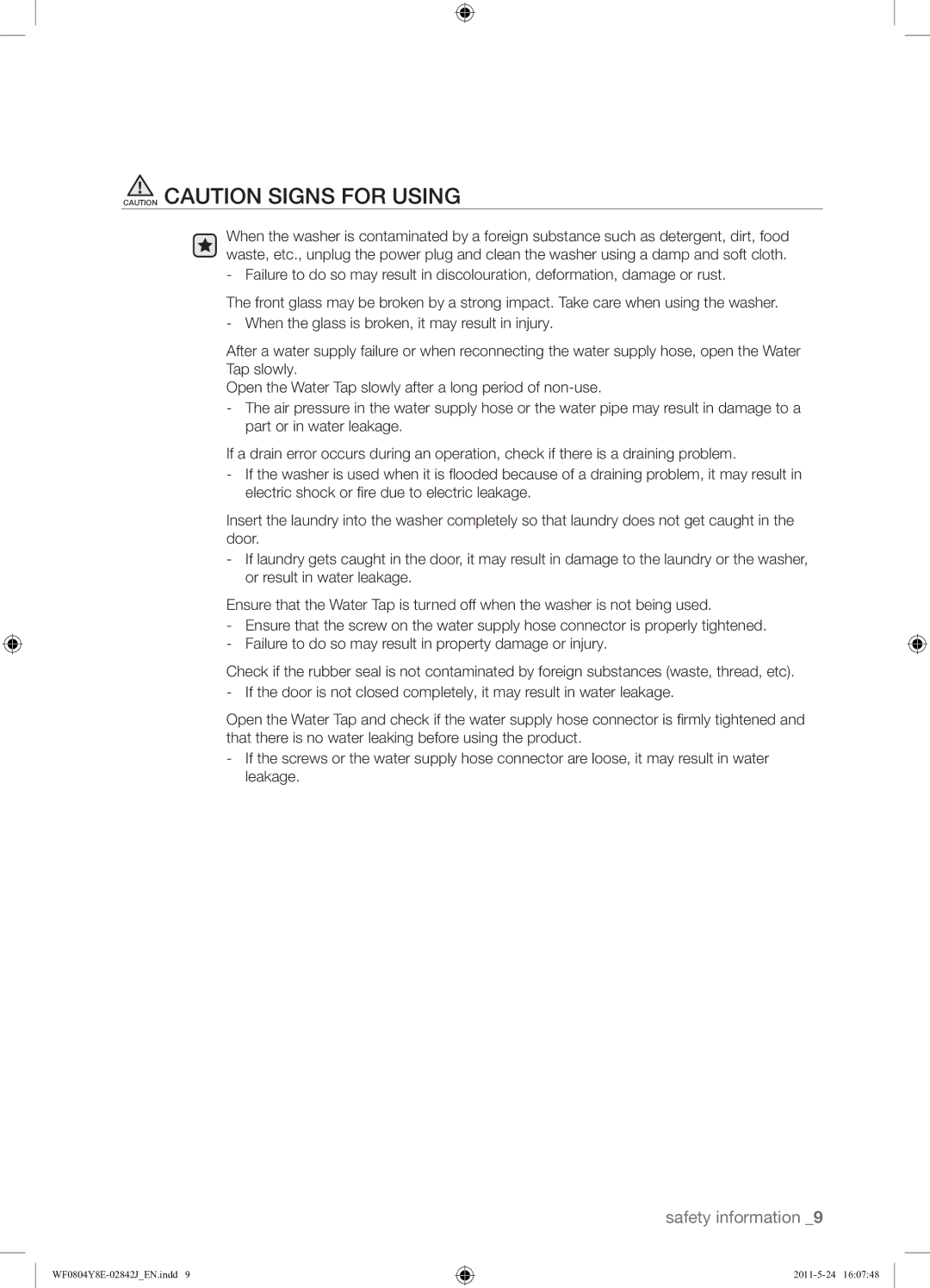 Samsung WF0804Y8E1/YKJ manual Safety information 