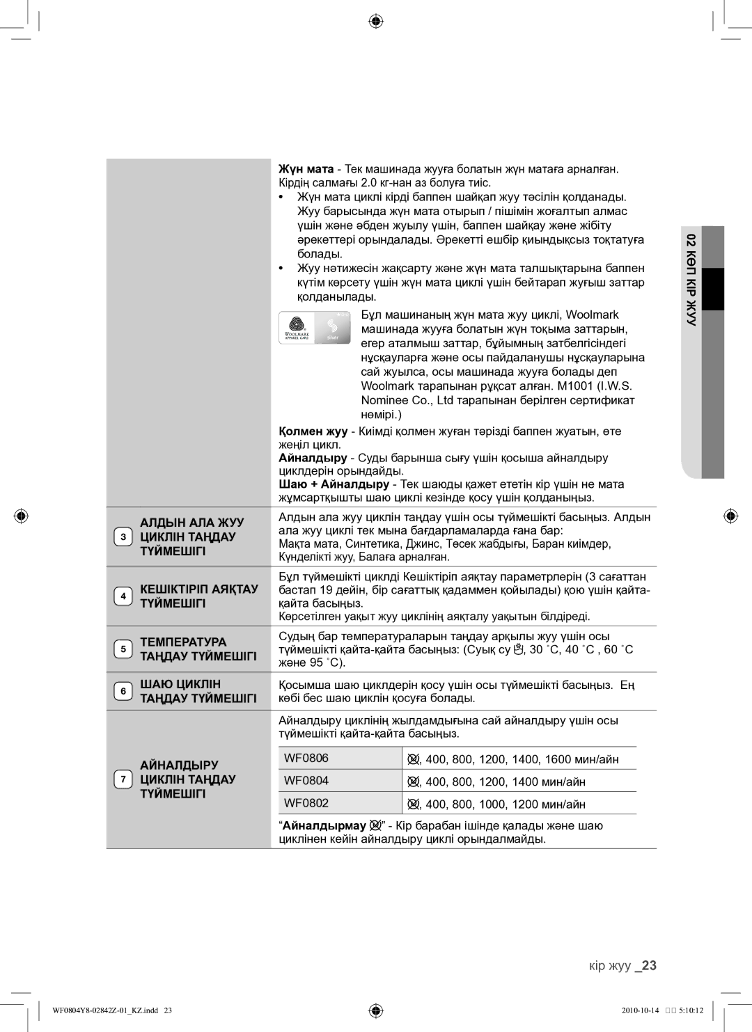 Samsung WF0804Y8E/YLP manual Алдын АЛА ЖУУ, Циклін Таңдау, Температура, Таңдау Түймешігі, ШАЮ Циклін, Айналдыру 