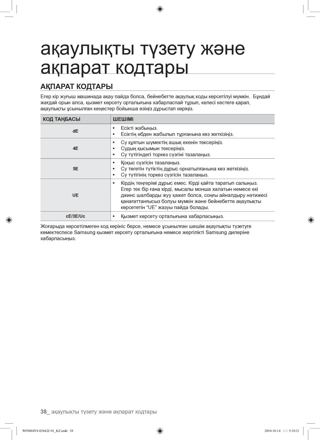 Samsung WF0804Y8E1/YLP, WF0804Y8E/YLP manual Ақпарат кодтары, 38 ақаулықты түзету және ақпарат кодтары, КОД Таңбасы Шешімі 