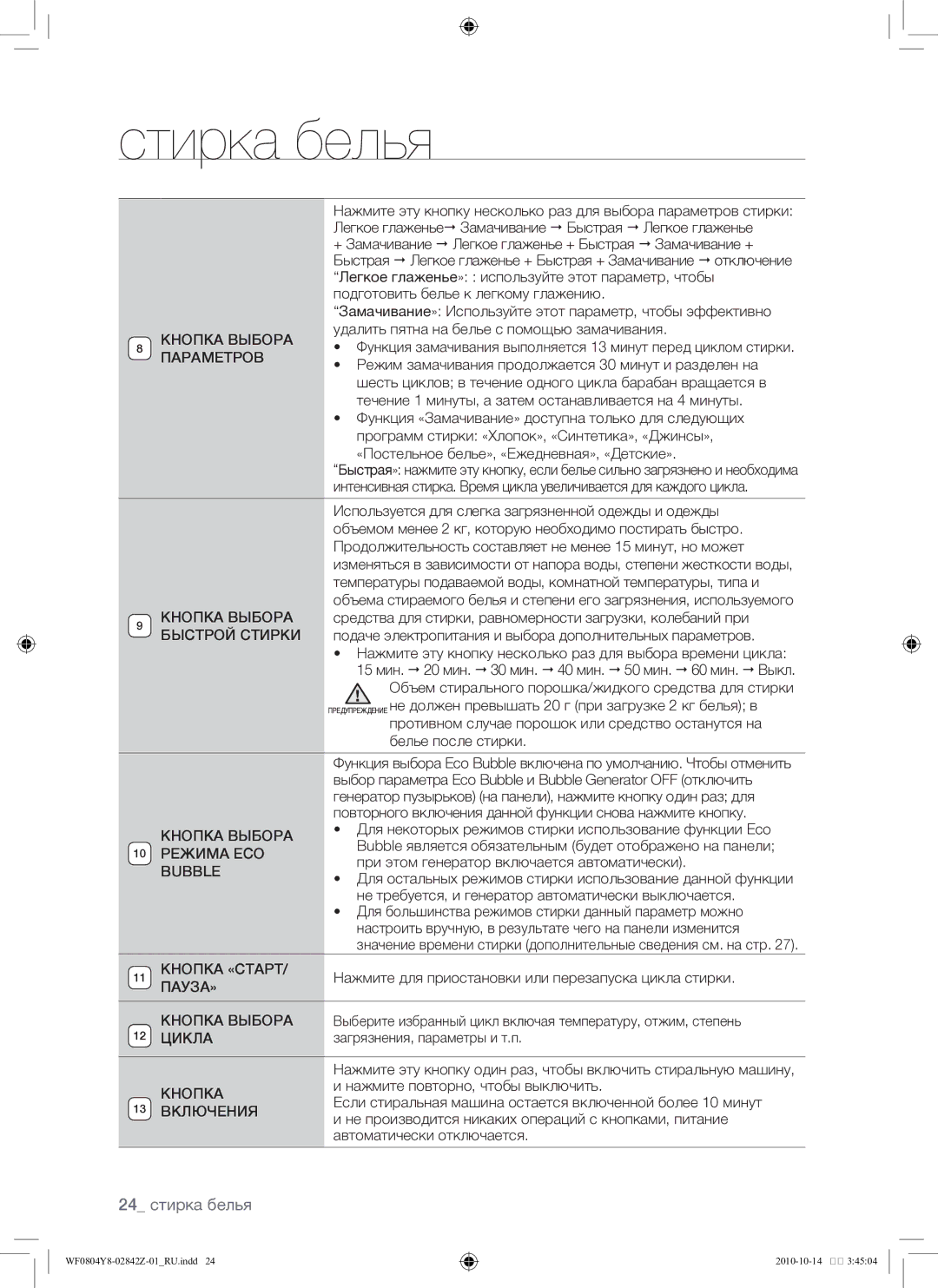 Samsung WF0804Y8E1/YLP, WF0804Y8E/YLP manual 24 стирка белья 