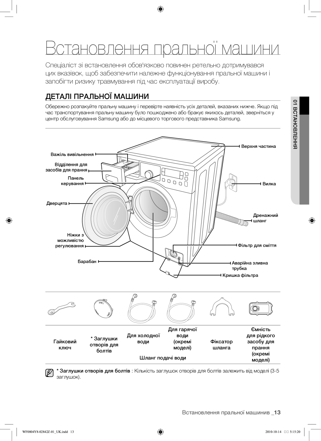 Samsung WF0804Y8E/YLP manual Деталі пральної машини, Встановлення пральної машинив, Для гарячої, Болтів, Шланг подачі води 