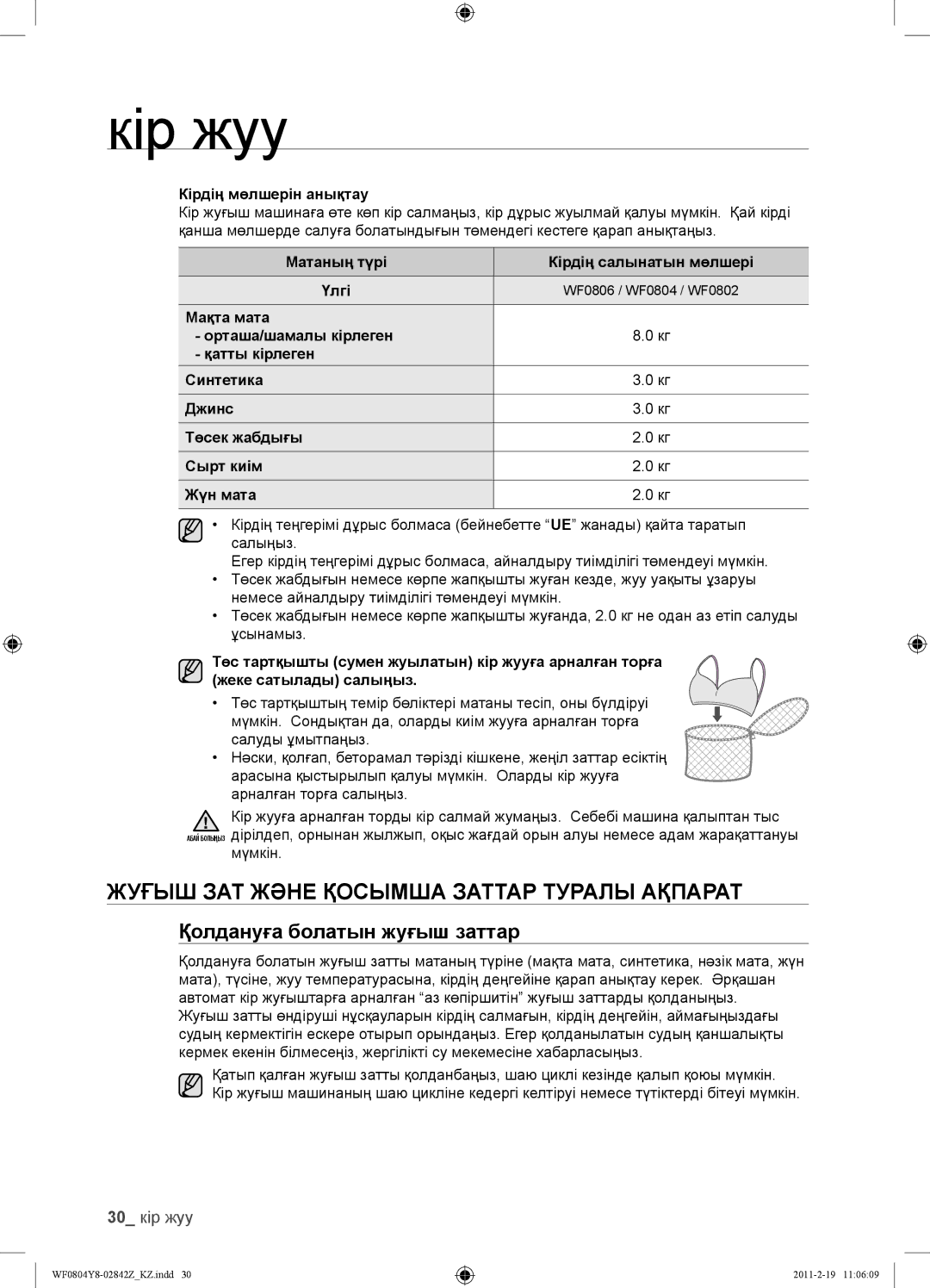 Samsung WF0804Y8E/YLP manual Жуғыш ЗАТ Және Қосымша Заттар Туралы Ақпарат, Қолдануға болатын жуғыш заттар, 30 кір жуу 