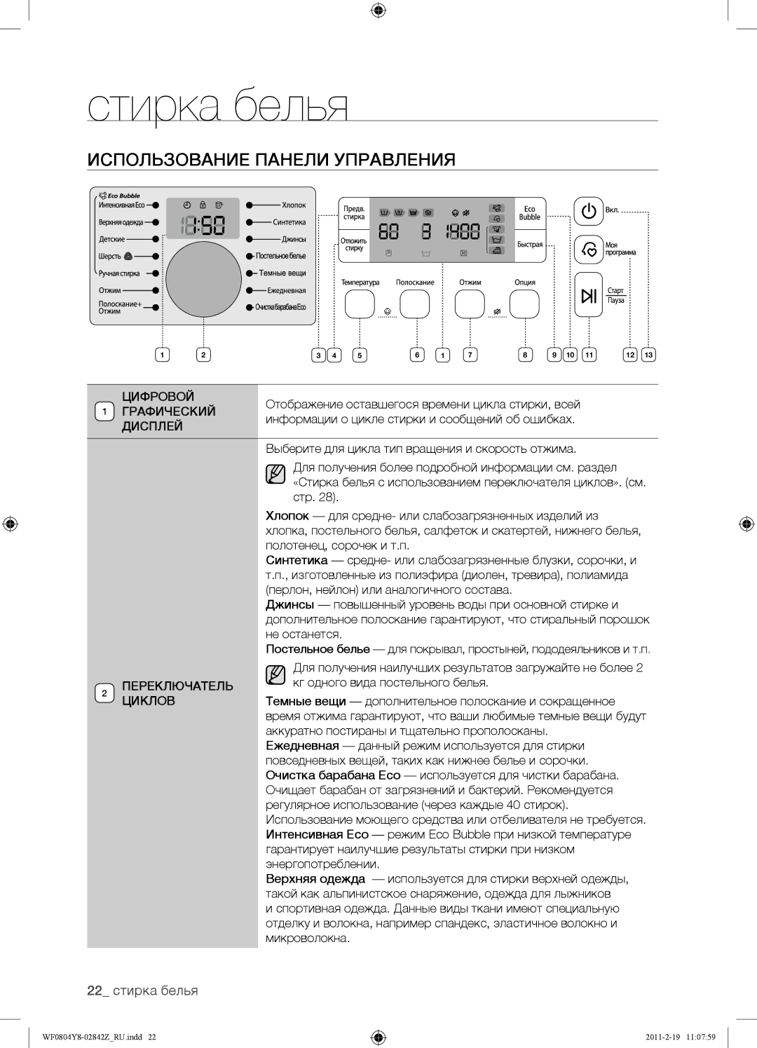 Samsung WF0804Y8N1/YLP, WF0804Y8E1/YLP, WF0804Y8E/YLP manual Использование Панели Управления, 22 стирка белья 