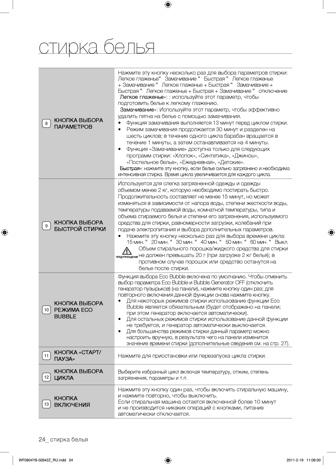 Samsung WF0804Y8E1/YLP, WF0804Y8N1/YLP, WF0804Y8E/YLP manual 24 стирка белья 