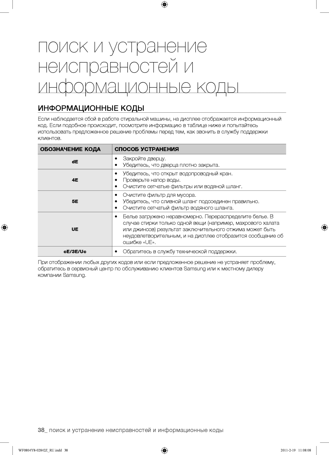 Samsung WF0804Y8E/YLP, WF0804Y8E1/YLP manual Информационные Коды, 38 поиск и устранение неисправностей и информационные коды 