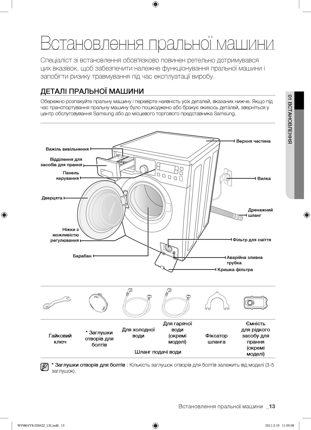 Samsung WF0804Y8E/YLP, WF0804Y8E1/YLP, WF0804Y8N1/YLP Деталі Пральної Машини, Встановлення пральної машини, 01ВСТАНОВЛЕННЯ 