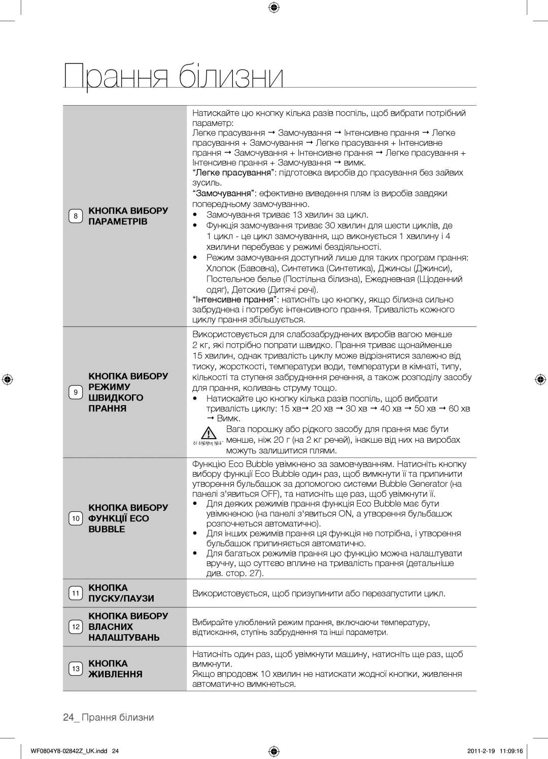 Samsung WF0804Y8N1/YLP, WF0804Y8E1/YLP, WF0804Y8E/YLP manual 24 Прання білизни 