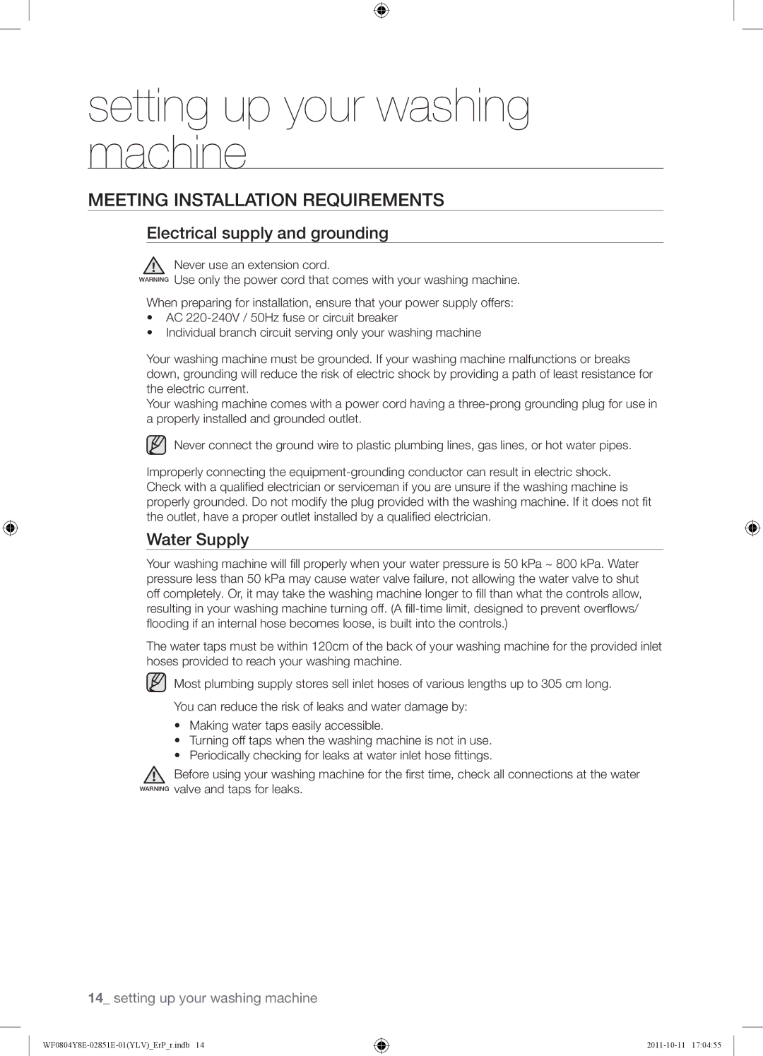 Samsung WF0804Y8E2/YLV manual Meeting Installation Requirements, Electrical supply and grounding, Water Supply 