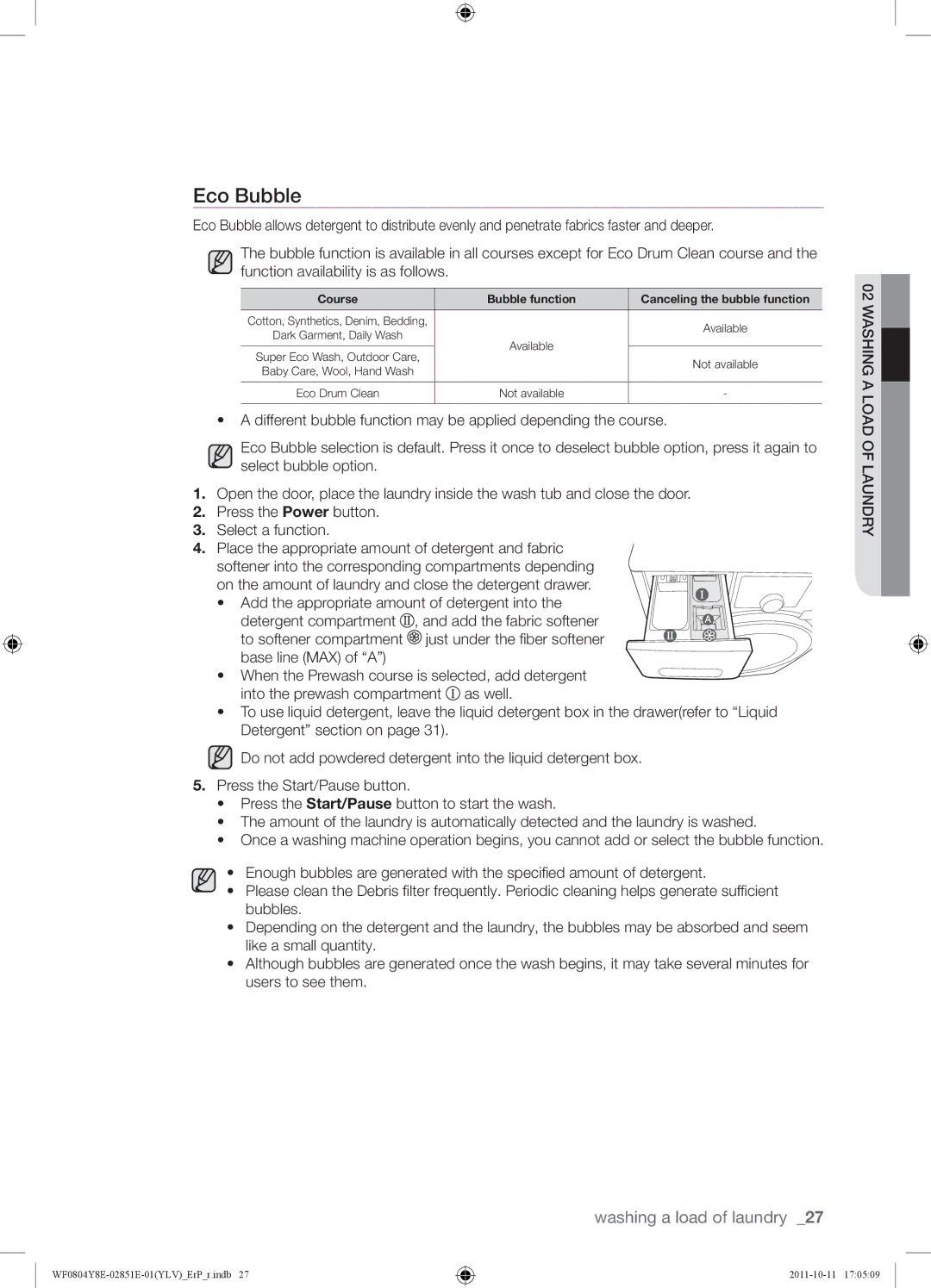 Samsung WF0804Y8E2/YLV manual Eco Bubble, Course Bubble function Canceling the bubble function 