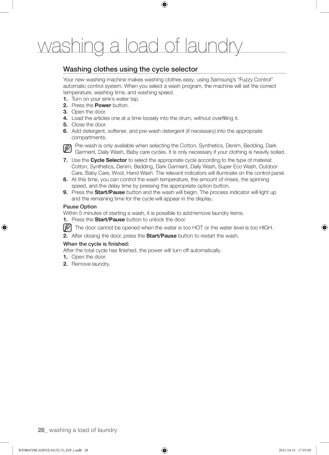 Samsung WF0804Y8E2/YLV manual Washing clothes using the cycle selector 