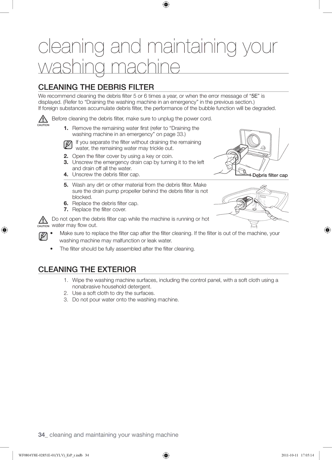 Samsung WF0804Y8E2/YLV manual Cleaning the Debris Filter, Cleaning the Exterior 